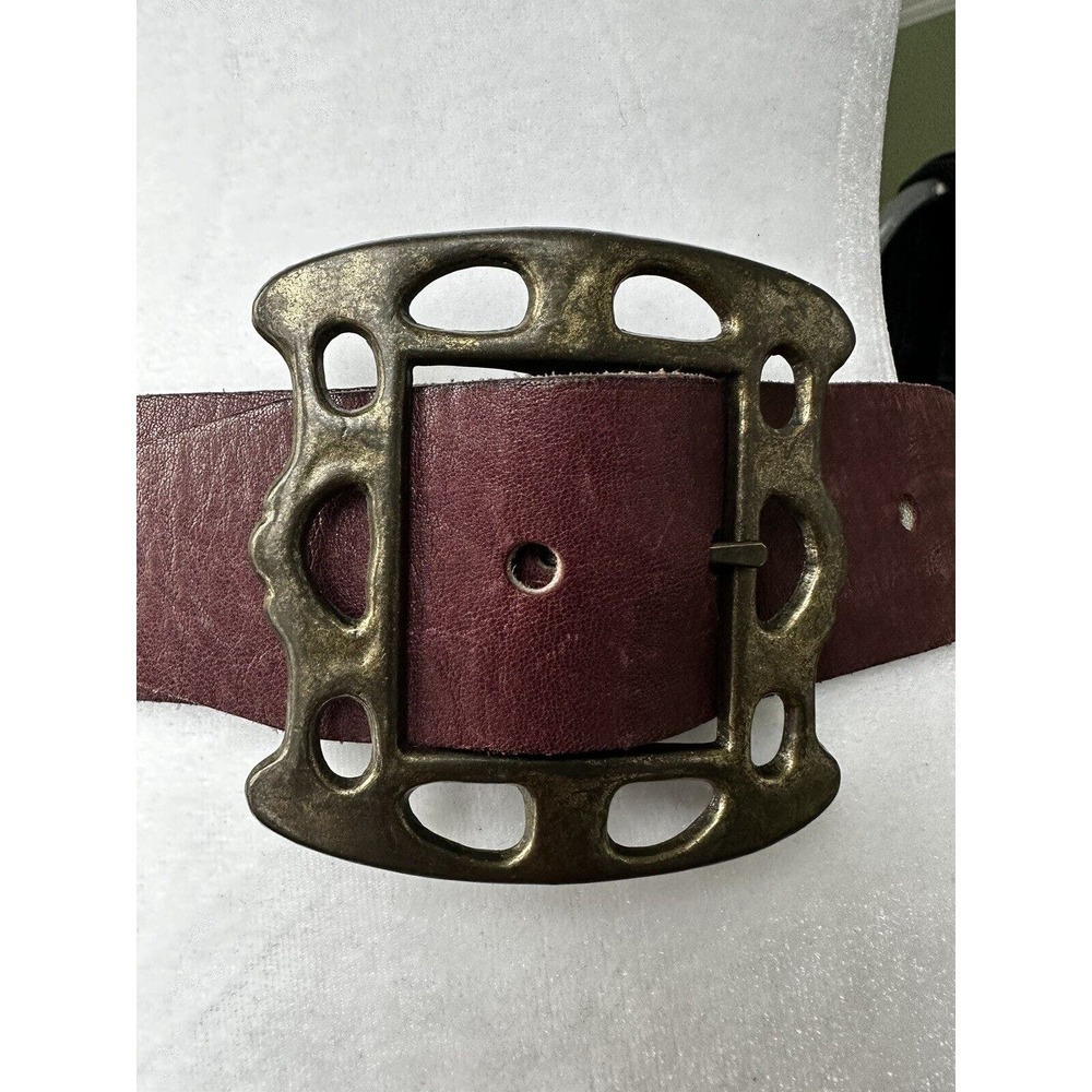 Vtg Womens Belt sz 34 Burgendy Glove Red Cowhide Wide Brass Buckle Cowgirl Rodeo - Picture 2 of 10